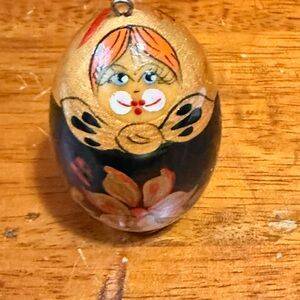 Vintage HandPainted Russian Egg Decorated Small Wood Holiday Ornament